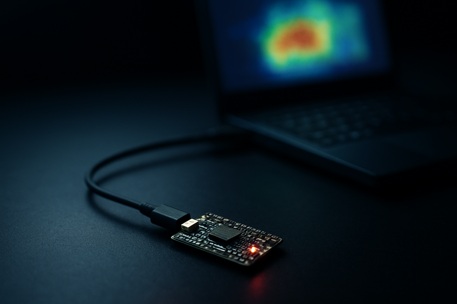 A bare ToF sensor board on a USB cable beside a laptop showing a depth heatmap
